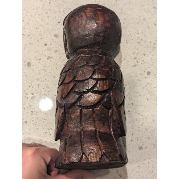 9" Owl Detailed Hand Turned Carved Wood Wooden Sculpture Statue Decor Rustic - Picture 7 of 12
